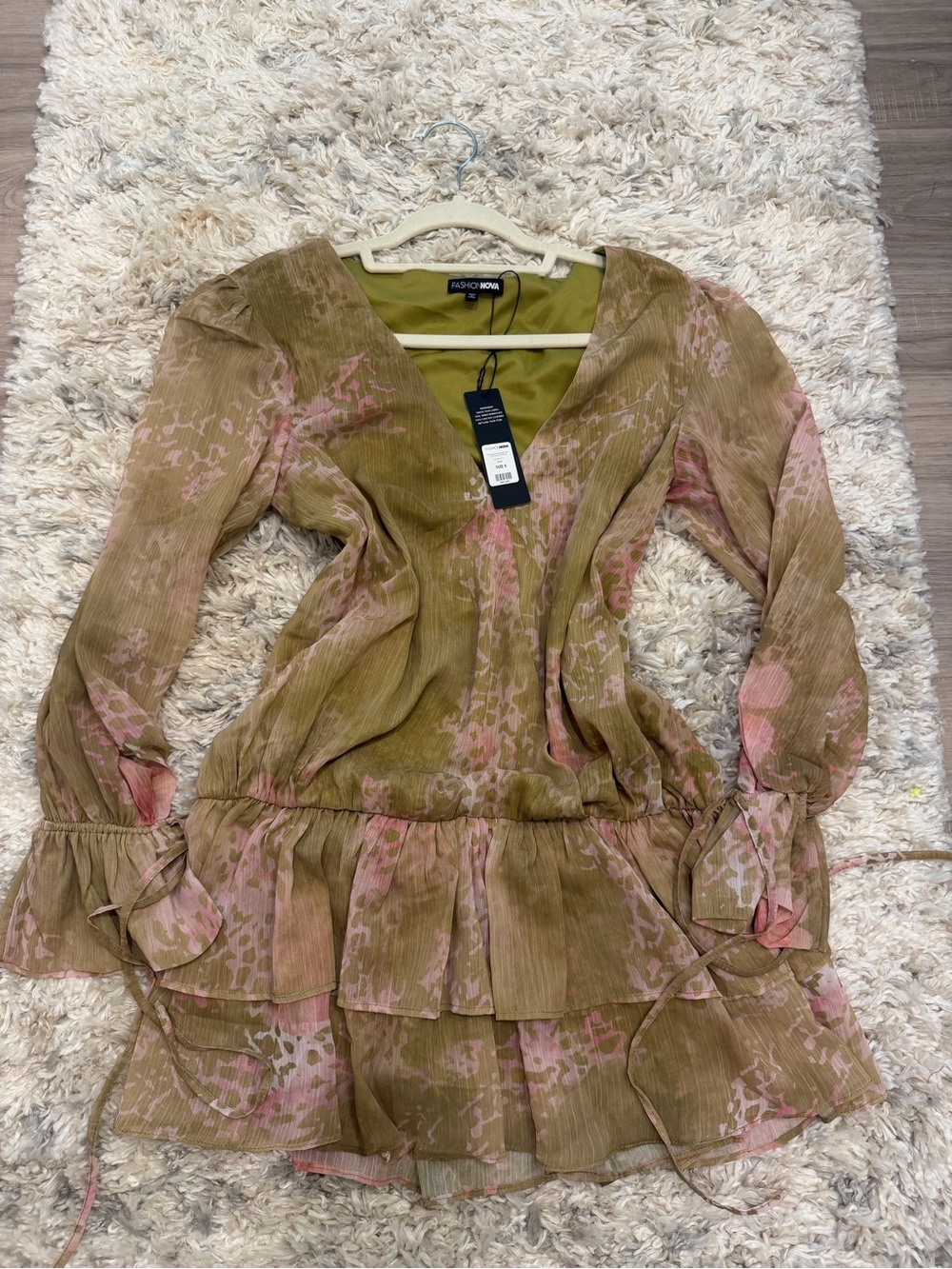 Fashion Nova Olive & Pink Floral Tiered Mini Dress